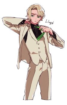 Rule 34 | 1boy, adjusting clothes, adjusting necktie, animification, black shirt, blonde hair, character name, closed mouth, collared shirt, commentary request, cowboy shot, cropped legs, formal clothes, furrowed brow, green necktie, haaa om007ls, hand on own neck, highres, jacket, korean commentary, lloyd garmadon, long sleeves, looking at viewer, male focus, necktie, ninjago, pants, shirt, short hair, simple background, solo, standing, suit, sweat, the lego group, vest, white background, wing collar