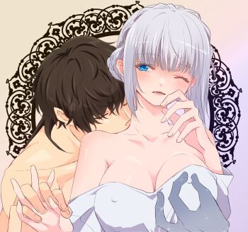 1boy 1girl albaird_bergholm breasts commentary_request hand_grab hetero highres laeticia_aucerius large_breasts mayashtale nipple_stimulation nipple_tweak nipple_tweak_through_clothes one_eye_closed open_mouth short_hair star_ocean star_ocean:_the_divine_force