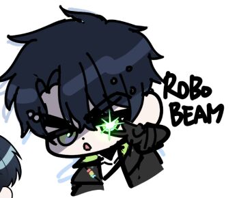 Rule 34 | 1boy, 88 oo, black hair, black jacket, chibi, chibi only, crosshair, glowing cross, green eyes, id card, jacket, jewelry, male focus, mechanical hands, necklace, pearl necklace, pointing, pointing at viewer, robo frostor, screw, simple background, skoshism, virtual youtuber, white background