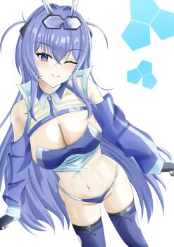 1girl absurdres animal_ears azur_lane bare_shoulders blue_eyes blue_hair blue_panties breasts cleavage fake_animal_ears highres large_breasts long_hair looking_at_viewer new_jersey_(azur_lane) new_jersey_(black_blur_prelude)_(azur_lane) official_alternate_costume panties rabbit_ears race_queen smile solo thighhighs underwear very_long_hair wolf_neruyo