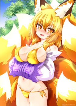 1girl animal_ear_fluff animal_ears artist_logo bikini blonde_hair blush breasts cowboy_shot detached_sleeves embarrassed fang fox_ears fox_girl fox_tail gold_bikini groin hair_between_eyes hands_in_opposite_sleeves highres kazami_karasu large_breasts logo looking_at_viewer medium_hair meme multiple_tails navel nose_blush open_mouth outdoors side-tie_bikini_bottom skin_fang solo standing string_bikini sweat swimsuit tail touhou twitter_username wavy_mouth yakumo_ran yellow_eyes