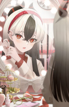 1girl absurdres alternate_costume alternate_hairstyle black_hair blue_archive demon_girl demon_horns ear_piercing earrings grey_halo hair_between_eyes hair_down hairband halo heart heart_earrings highres horns jacket jewelry kayoko_(blue_archive) long_hair multicolored_hair nano12xx5 piercing red_eyes red_hairband red_nails red_sweater reflection solo sweater turtleneck turtleneck_sweater two-tone_hair white_hair white_jacket