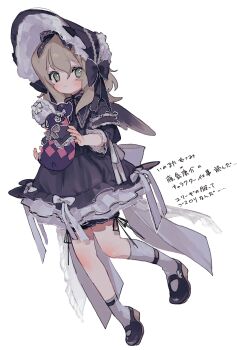 1girl absurdres alternate_costume asymmetrical_legwear black_bonnet black_dress black_shoes blonde_hair blush bonnet commentary_request creature dress elize_lutus frilled_bonnet frilled_sleeves frills full_body green_eyes hair_between_eyes highres lolita_fashion long_hair mary_janes nancykittyu shoes simple_background smile socks solo tales_of_(series) tales_of_xillia teepo_(tales) three-quarter_sleeves translation_request uneven_legwear white_background white_socks