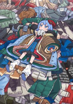 1girl absurdly_detailed_composition absurdres black_jacket black_skirt blue_eyes blue_hair blue_jacket blush brown_jacket chibi coat commentary down_jacket from_above full_body green_jacket hair_between_eyes highres hololive hoshimachi_suisei jacket jackets long_sleeves loose_socks lying no_mouth on_back pleated_skirt puffy_coat red_jacket shoes short_hair skirt sneakers socks solid_circle_eyes solo supreme_(brand) sweat tsukino_(nakajimaseiki) unworn_clothes unworn_jacket white_jacket white_shoes