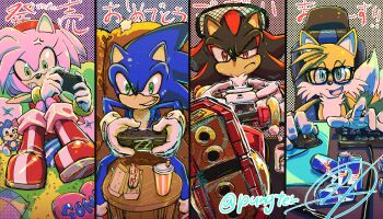 1girl 3boys amy_rose anger_vein animal_ears boots character_doll chili_dog computer_mouse controller doll fox_ears furry furry_female furry_male game_controller glasses gloves green_eyes heart heart-shaped_pillow highres holding holding_controller holding_game_controller multiple_boys orange_eyes pillow playing_games pungter red_bull red_footwear sega shadow_the_hedgehog sonic_(series) sonic_the_hedgehog tails_(sonic) white_gloves