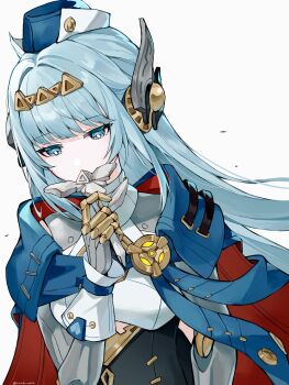 Rule 34 | 1girl, absurdres, alternate hairstyle, aqua hair, blue cape, blue eyes, breasts, cape, commentary request, genshin impact, hair down, hat, highres, humanoid robot, ineffa (genshin impact), long hair, medium breasts, nirako mona, robot, robot girl, simple background, solo, upper body, white background