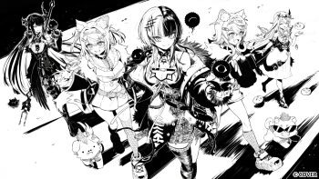 5girls :d animal_ears argyle_clothes argyle_pantyhose asymmetrical_legwear bandaid bandaid_hair_ornament blunt_bangs broken claw_(weapon) closed_eyes closed_mouth clothing_cutout coat collared_shirt commentary copyright_notice corset cropped_jacket cropped_shirt crossed_bangs dog_ears dog_girl dog_tail double-parted_bangs dress dress_shirt english_commentary fake_horns feather-trimmed_jacket fishnet_socks fishnets full_body fur-trimmed_coat fur-trimmed_jacket fur_trim fuwawa_abyssgard fuwawa_abyssgard_(1st_costume) glasses gloves greyscale hair_between_eyes hair_flaps hair_ornament hairband hairclip holding holding_polearm holding_weapon holoadvent hololive hololive_english horn_hairband jacket jailbird_(nerissa_ravencroft) kneehighs koseki_bijou koseki_bijou_(1st_costume) kuroi_susumu long_hair long_sleeves looking_at_viewer midriff miniskirt mismatched_legwear mococo_abyssgard mococo_abyssgard_(1st_costume) monochrome multicolored_hair multiple_girls navel nerissa_ravencroft nerissa_ravencroft_(1st_costume) official_art open_mouth pebble_(koseki_bijou) pencil_skirt pince-nez polearm ribbed_shirt ruffian_(fuwamoco) shiori_novella shiori_novella_(1st_costume) shirt shoes short_dress short_hair short_shorts shorts shoulder_cutout siblings side_slit sidelocks single_kneehigh single_leg_pantyhose single_sock single_thighhigh sisters skirt smile sneakers socks split-color_hair striped_clothes striped_thighhighs sunglasses t-shirt tail thighhighs twins two_side_up vest virtual_youtuber weapon yorick_(shiori_novella)