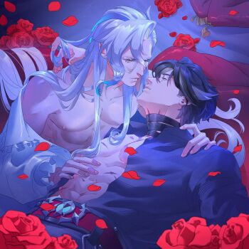 2boys absurdres belt belt_buckle black_hair black_shirt blue_eyes blue_hair buckle closed_mouth collared_shirt commentary earrings eye_contact eyelashes fingernails flower frilled_sleeves frills genshin_impact grey_hair hand_in_another&#039;s_hair hand_on_another&#039;s_chest hand_on_another&#039;s_shoulder highres jewelry lips long_hair long_sleeves looking_at_another lying male_focus multicolored_hair multiple_boys neuvillette_(genshin_impact) on_back open_clothes open_shirt parted_lips petals piercing pillow red_flower red_rose rose shirt short_hair streaked_hair stud_earrings ukropstales very_long_hair white_hair white_shirt wriothesley_(genshin_impact) yaoi