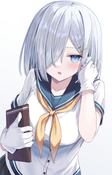 1girl blue_eyes blue_sailor_collar blush book breasts commentary_request gloves grey_hair grey_sailor_collar grey_skirt hair_ornament hair_over_one_eye hairclip hamakaze_(kancolle) highres kantai_collection large_breasts looking_at_viewer neckerchief open_mouth pleated_skirt sailor_collar school_uniform serafuku shikuro_(iorimiyakiyo) short_hair skirt solo upper_body white_gloves yellow_neckerchief