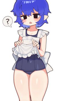 1girl ? apron apron_lift batrobin_k black_eyes blue_hair blue_one-piece_swimsuit blue_pikmin blush clothes_lift covered_navel cowboy_shot feet_out_of_frame frilled_apron frills highres lifting_own_clothes loli looking_at_viewer nintendo old_school_swimsuit one-piece_swimsuit open_mouth pikmin_(series) pointy_ears school_swimsuit short_hair simple_background solo spoken_question_mark swimsuit thighs white_apron white_background