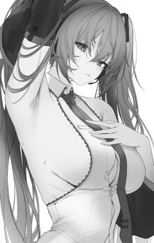 1girl arm_up armpits breasts detached_sleeves greyscale hatsune_miku headset highres large_breasts looking_at_viewer monochrome necktie parted_lips presenting_armpit re0n shirt sideboob simple_background sleeveless sleeveless_shirt solo sweatdrop twintails upper_body vocaloid white_background