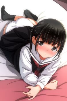 Rule 34 | 1girl, absurdres, black dress, black hair, black socks, blush, closed mouth, commentary request, dress, green eyes, highres, long sleeves, looking at viewer, lying, matsunaga kouyou, neckerchief, no shoes, nose blush, on stomach, original, panties, pinafore dress, red neckerchief, sailor collar, school uniform, shirt, short hair, sleeveless, sleeveless dress, socks, solo, underwear, white panties, white sailor collar, white shirt