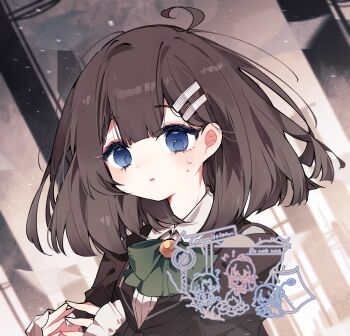 1girl absurdres ahoge blue_eyes bow bowtie brown_hair brown_jacket collared_shirt commentary_request frilled_sleeves frills green_bow green_bowtie hair_ornament hairclip hands_up highres hod_(project_moon) homura792 jacket lapels library_of_ruina looking_at_viewer medium_hair notched_lapels project_moon shirt solo sweat white_shirt