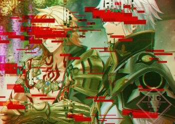 2boys arm_tattoo armlet bare_pectorals black_coat black_shirt blonde_hair braid chest_tattoo clawed_gauntlets coat commentary crossed_arms earrings facial_tattoo glitch gold_earrings gold_necklace gradient_hair hair_between_eyes honkai:_star_rail honkai_(series) jewelry male_focus medium_hair multicolored_hair multiple_boys mydei_(honkai:_star_rail) necklace open_clothes open_coat pectorals phainon_(honkai:_star_rail) red_hair red_tattoo rhombag shirt short_hair side_braid tattoo toned toned_male watermark white_coat white_hair