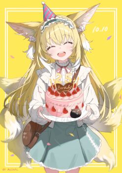 1girl ^_^ animal_ears arknights bag birthday_cake blonde_hair blue_hairband blue_skirt brown_bag cake cardigan closed_eyes colored_tips facing_viewer food fox_ears fox_girl fox_tail frilled_hairband frills hairband hat heixiu highres holding holding_plate kampswe_galong kitsune kyuubi long_hair long_sleeves luo_xiaohei_zhanji multicolored_hair multiple_tails neck_ribbon official_alternate_costume open_mouth party_hat plate puffy_long_sleeves puffy_sleeves red_ribbon ribbon round_teeth shirt shoulder_bag simple_background skirt smile solo suzuran_(arknights) suzuran_(spring_praise)_(arknights) tail teeth two-tone_hair upper_teeth_only watermark white_cardigan white_hair white_shirt yellow_background