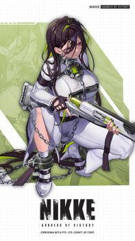 1girl ankle_cuffs artist_request belt black_belt black_hair bodysuit bound bound_ankles bound_arms breasts chain character_name closed_eyes closed_mouth clothes_writing commentary_request copyright_name cuffs full_body goddess_of_victory:_nikke green_hair grid_background guilty_(nikke) gun hair_between_eyes highres hobble holding holding_weapon huge_breasts large_breasts long_hair multicolored_hair official_art pink_eyes restrained shackles shotgun solo squatting standing straitjacket streaked_hair thigh_gap two-tone_hair very_long_hair weapon white_bodysuit white_footwear zoom_layer