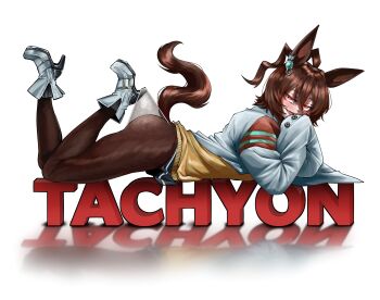 1girl agnes_tachyon_(tach-nology)_(umamusume) agnes_tachyon_(umamusume) ahoge animal_ears arched_back black_pantyhose blush boots brown_hair chemical_structure coat commentary docileart earrings english_commentary feet_up hair_between_eyes high_heel_boots high_heels highres hooked_on_heel horse_ears horse_girl horse_tail jewelry lab_coat lace_pantyhose_hooked_on_heel_(meme) long_sleeves looking_at_viewer lying medium_hair meme on_stomach open_mouth pantyhose pantyhose_tug red_eyes single_earring sleeves_past_fingers sleeves_past_wrists smile solo sweater sweater_vest tail the_pose umamusume white_boots white_coat yellow_sweater yellow_sweater_vest