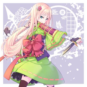 >:) 1girl :3 armor back_bow bandaged_arm bandages black_gloves colored_petticoat black_ribbon blonde_hair blue_eyes border bow branch breastplate brown_thighhighs butterfly_background closed_mouth commentary_request dagger egasumi falling_petals fingerless_gloves floral_background flower from_behind gloves green_kimono hair_flower hair_ornament hand_up highres holding holding_dagger holding_knife holding_weapon japanese_armor japanese_clothes kimono knife leaf_hair_ornament light_blush lips long_hair looking_at_viewer looking_back miniskirt morugen obi outside_border outstretched_arms petals plant purple_background purple_sash red_ribbon red_sash ribbon ribbon-trimmed_sleeves ribbon_trim sash shoujo_kageki_revue_starlight shoujo_kageki_revue_starlight_-re_live- shoulder_armor single_bare_shoulder single_off_shoulder single_shoulder_pad skirt smile sode solo spread_arms standing swept_bangs thighhighs three-quarter_sleeves two-tone_background unworn_sleeves v-shaped_eyebrows very_long_hair vines weapon white_background white_border wide_sleeves yellow_trim yumeoji_fumi