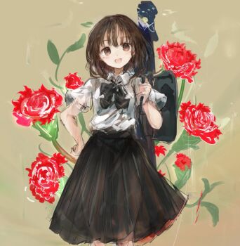 Rule 34 | 1girl, :d, black bow, black bowtie, black skirt, blush, bow, bowtie, brown eyes, brown hair, collared shirt, commentary request, flower, flower request, hand on own hip, highres, leaf, medium hair, missing headwear, object request, open mouth, shirt, shirt tucked in, skirt, smile, solo, touhou, unfinished, usami renko, uwazumi, white shirt