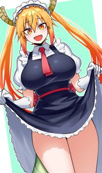 1girl :d absurdres blonde_hair blush border breasts clothes_lift collared_dress commentary dragon_girl dragon_horns dragon_tail dress english_commentary fangs fangs_out gloves gradient_eyes green_background hair_between_eyes highres horns kobayashi-san_chi_no_maidragon large_breasts large_tail lifting_own_clothes long_hair looking_at_viewer maid_headdress multicolored_eyes necktie open_mouth outline puffy_short_sleeves puffy_sleeves red_eyes red_necktie scales short_sleeves slit_pupils smile solo tail thick_thighs thigh_focus thighs tohru_(maidragon) twintails vvernerluniq white_border white_gloves white_outline yellow_eyes