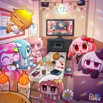 2boys 6+girls :d :o angel animal_ears aqua_hair aqua_skin aqua_trim artist_name ascot blue_eyes blunt_bangs boots bow bright_pupils brother_and_sister cellphone chibi chibi_only closed_eyes closed_mouth coat collared_dress collared_shirt colored_skin commentary_request couch cup dendenshindenzu_(vocaloid) double-parted_bangs dress drinking_glass egg_yolk eggshell expressionless flower food french_fries glass gloves haikei_(vocaloid) hair_between_eyes hair_bow hair_flower hair_ornament halo hat hatsune_miku head_wings highres holding holding_microphone imigo_no_tamago_(vocaloid) indoors japanese_clothes jisatsu_yousei jitome kaai_yuki kimono leotard low_twintails menheramen_(vocaloid) microphone multicolored_hair multiple_boys multiple_girls open_mouth orange_hair orange_skin original oyo-kun pepoyo phone pink_ascot pink_boots pink_eyes pink_hair pink_leotard pink_skin pink_skirt poyoroid purple_coat purple_hat purple_skin purple_wings red_bow red_eyes red_shirt red_wings shinde-chan shirt shittai_seitai_jikkentai_(vocaloid) short_hair short_sleeves siblings sitting skirt sleeveless sleeveless_dress sleeves_past_fingers sleeves_past_wrists smartphone smile streaked_hair swept_bangs table tareme television thigh_boots turiel twins twintails utau vocaloid vy1 white_dress white_gloves white_kimono white_pupils wings yande-kun yellow_halo