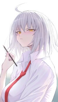 1girl ahoge backlighting blush breasts collared_shirt commentary_request fate/grand_order fate_(series) from_side highres holding holding_pencil jeanne_d'arc_alter_(fate) large_breasts looking_at_viewer looking_to_the_side medium_hair necktie pencil penguintake pout red_necktie shirt solo upper_body white_hair white_shirt yellow_eyes