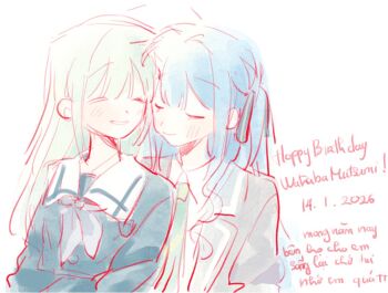 Rule 34 | 2girls, bang dream!, bang dream! it's mygo!!!!!, blue hair, blue shirt, blush, closed eyes, closed mouth, commentary, dated, english commentary, green hair, grey jacket, grey neckerchief, hair ribbon, haneoka school uniform, happy birthday, jacket, long hair, mixed-language text, multiple girls, neckerchief, nhymoo, open mouth, ribbon, school uniform, shirt, simple background, togawa sakiko, translation request, tsukinomori school uniform, vietnamese text, wakaba mutsumi, white background, yuri