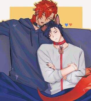 2boys black_claws blue_hoodie caelen_strayfe closed_eyes collar first_stage_production highres hood hoodie leash male_focus multiple_boys open_mouth red_collar ryzar_blazenfang scar scar_on_face sleeping sweater tail torai_akarui white_sweater