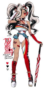 1girl asymmetrical_legwear belt black_hair blue_belt breasts commentary commission cross-laced_socks dark-skinned_female dark_skin full_body headset highres leotard long_hair looking_at_viewer multicolored_hair original planted planted_umbrella race_queen red_eyes single_sock single_thighhigh socks solo soreeyu_(sore-yu) standing symbol-only_commentary thighhighs twintails two-tone_hair umbrella white_hair white_leotard