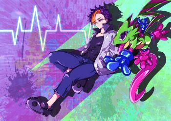 1boy absurdres black_shirt blonde_hair blue_eyes blue_hair blue_pants digimon digimon_(creature) digimon_beatbreak full_body gecko gekkomon gggg glasses green_background grey_jacket hand_in_pocket highres jacket multicolored_hair pants purple_background purple_eyes round_eyewear shirt short_hair tenma_tomoro two-tone_hair