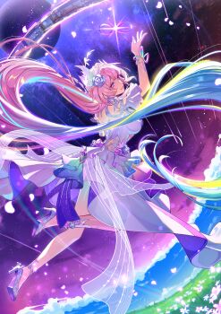 1girl absurdres amphoreus_(honkai:_star_rail) arm_up astral_express_(honkai:_star_rail) bare_shoulders blue_hair breasts commentary cyrene_(honkai:_star_rail) cyrene_(ripples_of_past_reverie)_(honkai:_star_rail) dress flower from_side full_body gradient_hair hair_flower hair_ornament high_heels highres honkai:_star_rail honkai_(series) large_breasts long_hair looking_at_viewer looking_to_the_side multicolored_hair nefula14 parted_lips pink_hair purple_eyes purple_flower purple_rose purple_shoes rose shoes smile solo very_long_hair white_dress