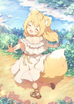 1girl ahoge animal_ear_fluff animal_ears blonde_hair blurry blush bush closed_eyes day depth_of_field dress fang fox_ears fox_girl fox_tail frilled_dress frills head_tilt highres leaf long_hair no_socks off-shoulder_dress off_shoulder open_mouth original outdoors outstretched_arms path ribbon road running sandals sidelocks smile solo strap stream tail tyomimas variant_set vegetation waist_ribbon water_stream white_dress yellow_ribbon