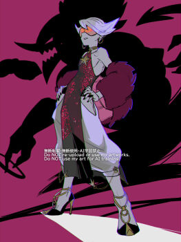 1boy alternate_costume black_nails earrings full_body gen_6_pokemon grey_hair hands_on_own_hips haraya high_heels hoop_earrings hoopa hoopa_(unbound) jewelry lear_(pokemon) legendary_pokemon legs_apart male_focus mixed-language_commentary mythical_pokemon nail_polish neck_ring nintendo off_shoulder orange-tinted_eyewear pants pointy_hair pokemon pokemon_masters_ex purple_background ring standing sunglasses teeth tinted_eyewear watermark white_pants