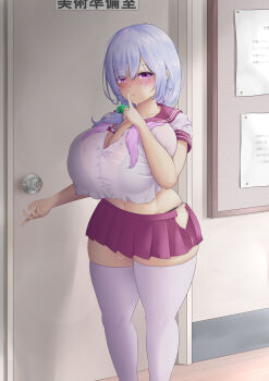 Rule 34 | 1girl, blush, bra, breasts, cleavage, curvy, highres, huge breasts, long hair, looking at viewer, lv 249, midriff, navel, oppai loli, original, purple eyes, school uniform, see-through clothes, serafuku, silver hair, skirt, smile, solo, standing, sweat, thick thighs, thighhighs, thighs, underwear, wide hips