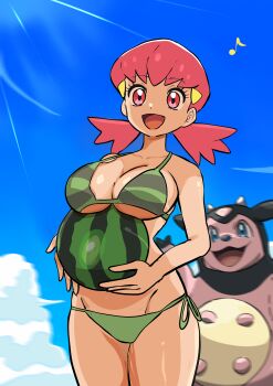 1girl :3 absurdres animal_ears animal_nose bikini blue_eyes blue_sky blurry breasts cleavage cloud commentary_request cone_horns cow cow_ears cowboy_shot depth_of_field eyelashes food fruit gen_2_pokemon green_bikini hair_ornament highres holding holding_food holding_fruit holding_watermelon horns large_breasts light_rays looking_at_viewer makademia miltank musical_note nintendo open_mouth outdoors pink_eyes pink_hair pokemon pokemon_(creature) pokemon_hgss sky smile string_bikini sunlight swimsuit twintails watermelon whitney_(pokemon)