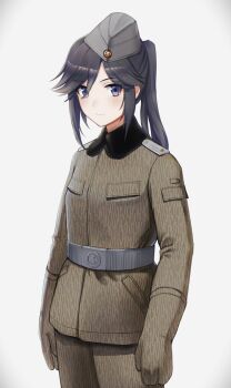 1girl black_hair brown_gloves brown_pants brown_shirt closed_mouth east_germany eyes_visible_through_hair garrison_cap gloves gradient_background grey_background grey_hat hair_over_one_eye hat highres long_hair long_sleeves looking_at_viewer original pants parted_bangs ponytail purple_eyes shirt smile solo strichtarn tuziki_sang