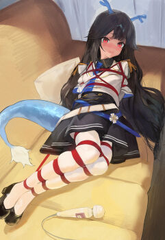 Rule 34 | 1girl, 240mmap, absurdres, arms behind back, bdsm, black dress, black hair, black skirt, blazer, blue necktie, blush, bondage, bound, breasts, character request, commentary, copyright request, couch, dress, epaulettes, highres, horns, jacket, long hair, lying, necktie, on couch, pantyhose, pleated skirt, red eyes, restrained, shibari, shibari under clothes, shoes, skindentation, skirt, small breasts, solo, tail, very long hair, white pantyhose