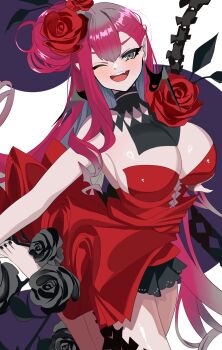 1girl baobhan_sith_(celebratory_attire)_(fate) baobhan_sith_(fate) bare_shoulders barefoot blush breasts cleavage dress earrings fate/grand_order fate_(series) flower grey_eyes hair_flower hair_ornament highres jewelry large_breasts long_hair looking_at_viewer multicolored_hair one_eye_closed open_mouth pink_hair pointy_ears puti_tomato19 red_dress red_flower red_rose rose sidelocks smile solo