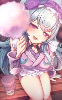 1girl @_@ absurdres aqua_hair blush commentary_request cotton_candy frilled_hairband frills genshin_impact hairband haruka_f4l highres japanese_clothes kimono long_hair open_mouth pink_eyes pink_kimono pink_sleeves pointy_ears smile solo thighs very_long_hair yumemizuki_mizuki