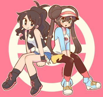 2girls :d artist_name big_hair black_pantyhose black_shoes blue_eyes blue_shoes blue_shorts brown_hair commentary donut_hair_bun double_bun eyelashes green_eyes hair_bun high_ponytail highres hilda_(pokemon) looking_at_viewer multiple_girls nintendo open_mouth outline pantyhose pink_background pokemon pokemon_bw pokemon_bw2 ponytail rosa_(pokemon) shoes short_shorts shorts sitting smile sofo_soup star-shaped_pupils star_(symbol) symbol-shaped_pupils twintails visor_cap wavy_hair white_outline