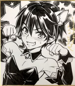 1boy animal_ear_fluff animal_ears bare_shoulders cat_boy cat_ears commentary_request dated detached_collar detached_sleeves greyscale grin hair_between_eyes hands_up highres higurashi_no_naku_koro_ni kemonomimi_mode leotard long_sleeves looking_at_viewer maebara_keiichi male_focus marine_(confeitokobo) monochrome paw_pose shikishi short_hair signature smile solo star_(symbol) strapless strapless_leotard sweatdrop traditional_media upper_body