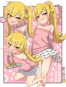 1girl :3 absurdres alternate_hairstyle bare_shoulders blonde_hair blush_stickers character_name english_text fang frilled_skirt frills highres loli long_hair looking_at_viewer miniskirt monogatari_(series) multiple_views off-shoulder_sweater off_shoulder oshino_shinobu pink_background pink_sweater pointy_ears ponytail skirt smile solo spoken_blush standing standing_on_one_leg sweater thighs twintails v white_skirt yoshikirino