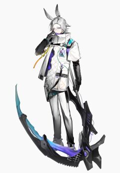 1boy absurdres adjusting_eyewear animal_ears aotsuki_eito arknights black_gloves commentary full_body glasses gloves grey_hair hand_up highres holding holding_scythe holding_weapon jacket long_hair looking_at_viewer male_focus pants purple_eyes rabbit_boy rabbit_ears scythe shoes short_hair simple_background skgwyu solo techwear the_hundred_line_-last_defense_academy- weapon white_jacket white_pants white_shoes