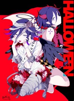 2boys abrtskrg_harukk alternate_costume angel_and_devil bandaged_head bandaged_leg bandages black_halo black_wings blood blood_on_clothes blood_stain commentary_request danganronpa_(series) danganronpa_v3:_killing_harmony demon_boy demon_horns demon_tail demon_wings earrings english_text fallen_angel flipped_hair gloves hair_between_eyes halloween halloween_costume halo highres hoop_earrings horns jewelry looking_at_viewer male_focus multiple_boys oma_kokichi pointy_ears purple_eyes purple_hair red_gloves shirt short_hair shorts signature sleeveless sleeveless_shirt slit_pupils tail tongue tongue_out wings