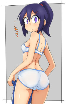 1girl ass azi_hune black_hair blush bra breasts from_behind grey_background hair_ornament hairclip holding holding_unworn_clothes long_hair looking_at_viewer looking_back open_mouth original panties polka_dot polka_dot_bra polka_dot_panties ponytail purple_eyes sidelocks small_breasts standing surprised sweat underwear white_bra white_panties