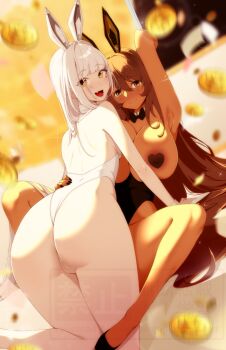 2girls all_fours animal_ears areola_slip arm_around_waist arm_up armpits ass backless_leotard black_bow black_bowtie black_leotard black_nails black_shoes blanc_(nikke) blunt_bangs blush bow bowtie breasts breasts_out brown_hair closed_mouth coin commentary dark-skinned_female dark_skin detached_collar english_commentary fake_animal_ears fang feet_out_of_frame furrowed_brow goddess_of_victory:_nikke hair_between_eyes heart_pasties high_heels highleg highleg_leotard highres large_breasts leotard long_hair looking_at_viewer looking_back lying m_legs motion_blur multiple_girls nail_polish nervous_smile noir_(nikke) on_back open_mouth pasties peach-cup playboy_bunny pole rabbit_ears shoes siblings sisters skin_fang small_breasts smile spread_legs strapless strapless_leotard stripper_pole sweatdrop very_long_hair watermark white_hair white_leotard white_wrist_cuffs wrist_cuffs yellow_eyes