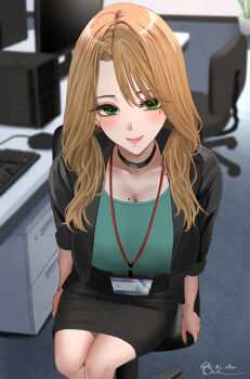 1girl black_choker black_jacket black_skirt blonde_hair blush breasts chair choker cleavage commentary_request computer computer_keyboard computer_mouse computer_tower drawer green_eyes green_shirt hair_between_eyes highres id_card indoors jacket lanyard large_breasts long_hair looking_at_viewer michan127neko mole mole_on_breast mole_under_eye monitor mousepad_(object) office office_chair office_lady open_clothes open_jacket original pencil_skirt red_lips shirt signature sitting skirt smile solo suit_jacket swivel_chair watermark