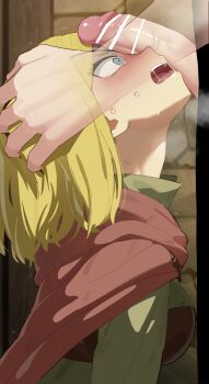 1boy 1girl absurdres alicia_glenfall aqua_eyes bar_censor blonde_hair blush breasts cape censored clevatess:_majuu_no_ou_to_akago_to_shikabane_no_yuusha green_shirt hands_on_another&#039;s_head hetero highres imminent_irrumatio long_sleeves medium_breasts mizumizuni open_mouth penis penis_on_face red_cape shirt short_hair solo_focus sweat