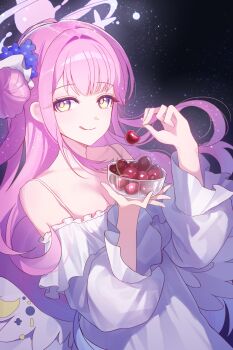 1girl absurdres angel_wings blue_archive breasts cherry cleavage closed_mouth collarbone commentary_request crescent dress feathered_wings flower food fruit hair_bun hair_flower hair_ornament halo highres holding holding_food holding_fruit long_hair low_wings medium_breasts mika_(blue_archive) nudibranchs_(nasae) pink_hair pink_halo purple_eyes single_hair_bun single_side_bun smile solo tongue tongue_out very_long_hair white_dress white_wings wing_ornament wings