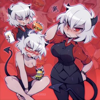 1girl alcohol artist_name black_pants black_skirt black_vest blush breasts burger can demon_girl demon_horns demon_tail eating food formal_clothes glasses helltaker highres holding holding_can horns indian_style large_breasts malina_(helltaker) mcdonald's messy_hair multiple_views no_bra pants pantyhose red_eyes red_shirt red_theme sami_(pirateyoukai) shirt short_hair sitting skirt skirt_suit standing strong_zero suit sweatdrop tail vest white_hair